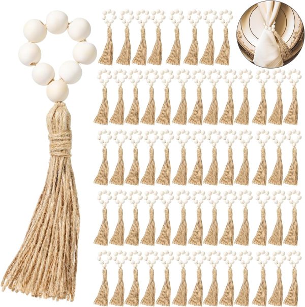 60 Pcs Wood Bead Napkin Rings with Tassel Handmade Wooden Farmhouse Napkin Ring Natural Beaded Napkin Ring Holders for Tabletop Dining Party Wedding Gathering Home Decoration (Rustic)