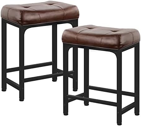 Aheaplus Bar Stools Set of 2, 24 Inch Counter-Height Stools Saddle Stool, PU Leather Barstools with Metal Base, Footrest, Industrial Stools for Dining Room Kitchen Island, Counter, Pub, Bar, Brown